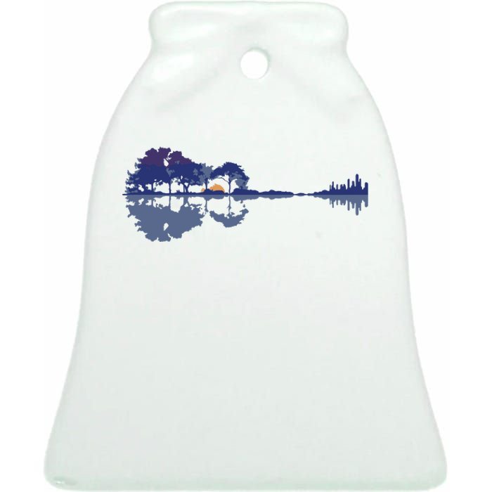 Guitar Lake Reflections In Blue Music Lovers Ceramic Bell Ornament