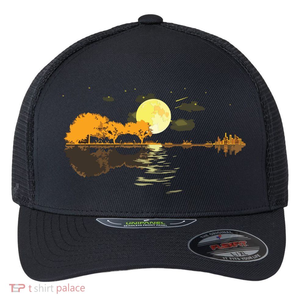 Guitar Lake Reflections Love Musician Acoustic Guitar Flexfit Unipanel Trucker Cap