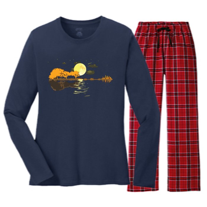 Guitar Lake Reflections Love Musician Acoustic Guitar Women's Long Sleeve Flannel Pajama Set 