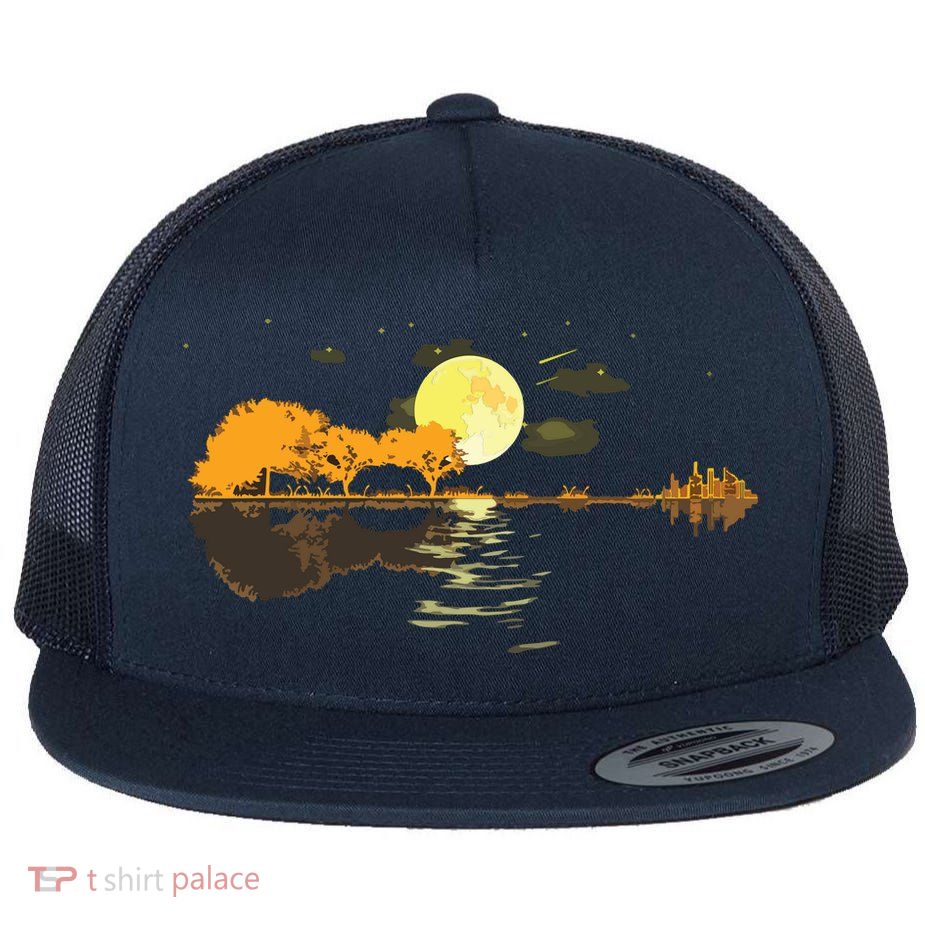 Guitar Lake Reflections Love Musician Acoustic Guitar Flatbill Hat