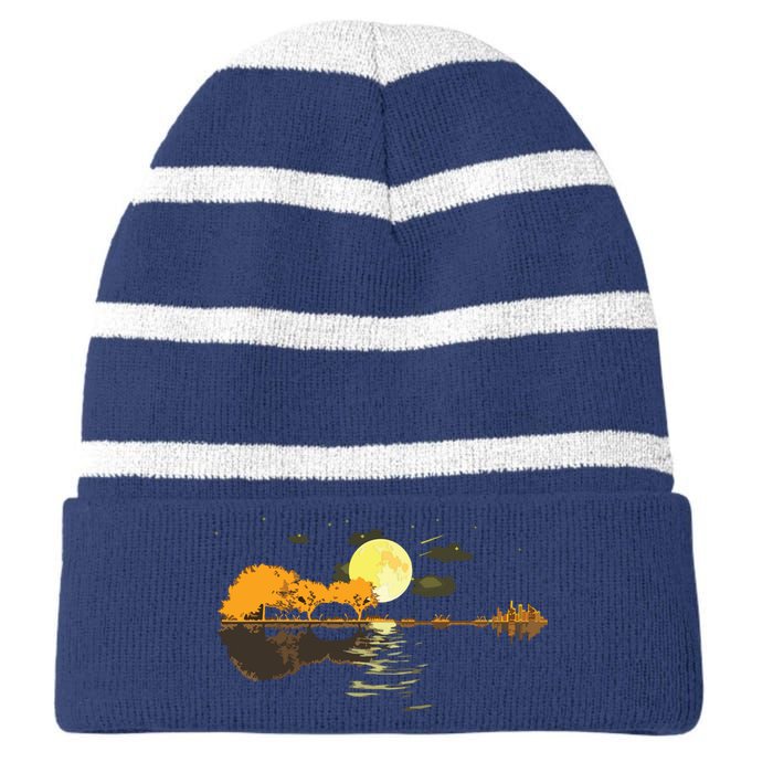 Guitar Lake Reflections Love Musician Acoustic Guitar Striped Beanie with Solid Band