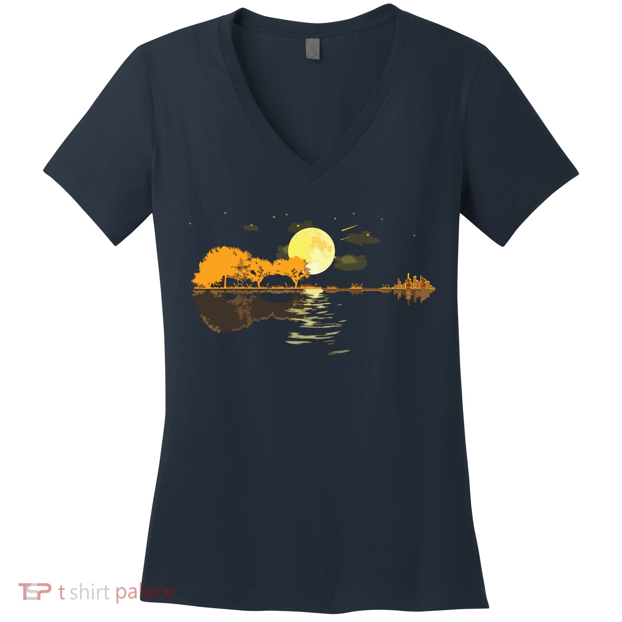Guitar Lake Reflections Love Musician Acoustic Guitar Women's V-Neck T-Shirt