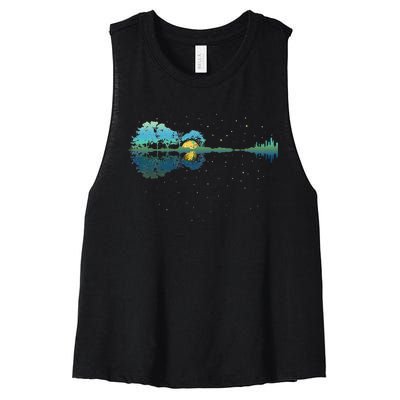 Guitar Lake Reflections Night Sky And Moon Guitar Women's Racerback Cropped Tank