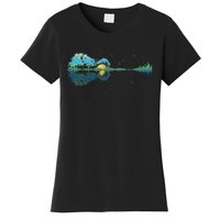 Guitar Lake Reflections Night Sky And Moon Guitar Women's T-Shirt