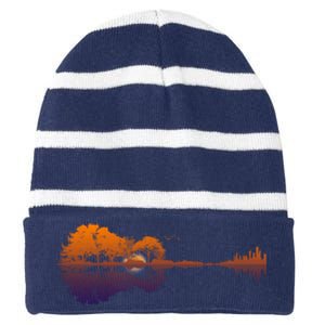 Guitar Lake Reflections Gift Music And Guitar Lover Guitar Gift Striped Beanie with Solid Band