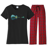 Guitar Lake Reflections Night Sky And Moon Guitar Women's Flannel Pajama Set