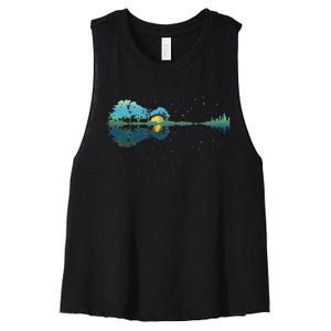 Guitar Lake Reflections Night Sky And Moon Guitar Women's Racerback Cropped Tank