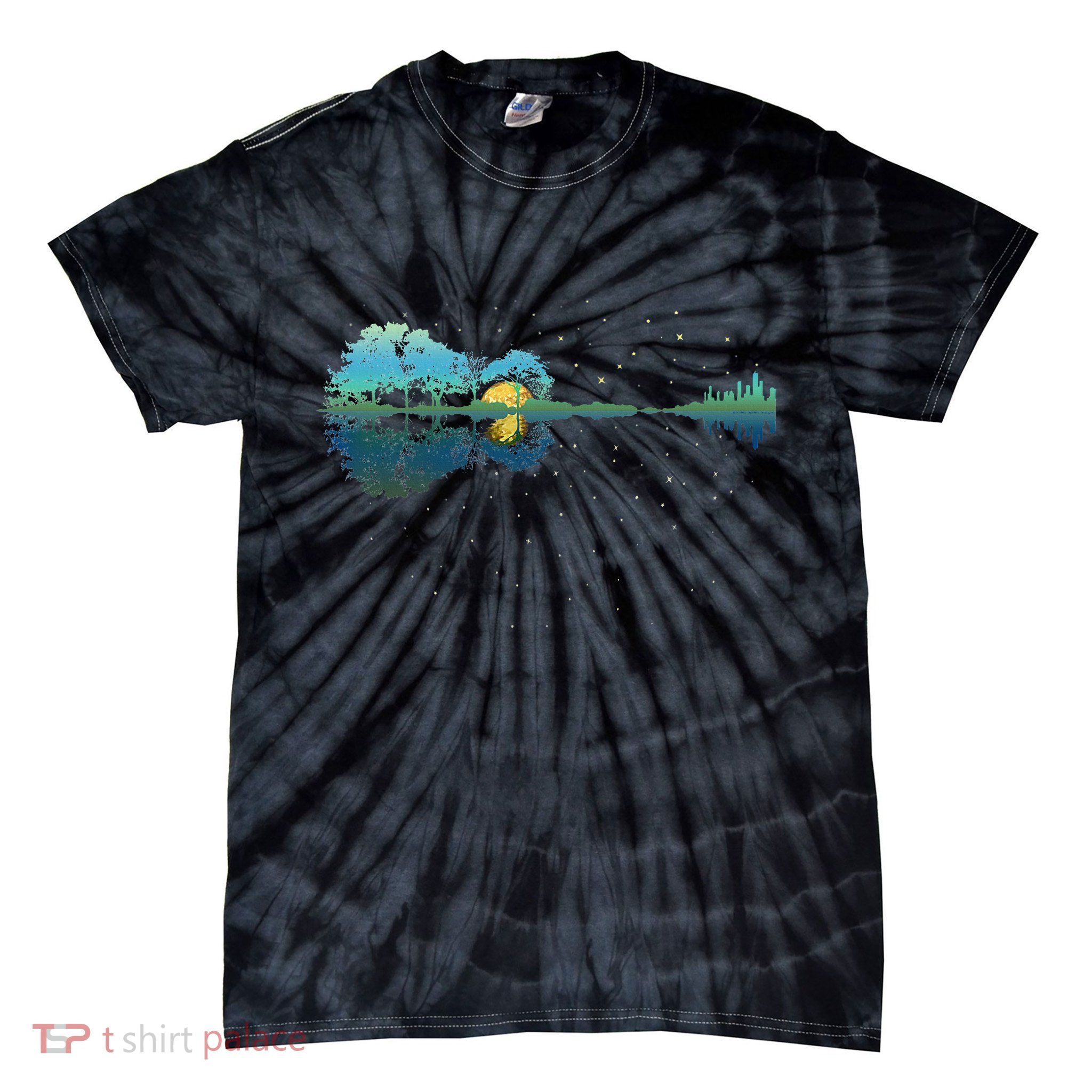 Guitar Lake Reflections Night Sky And Moon Guitar Tie-Dye T-Shirt