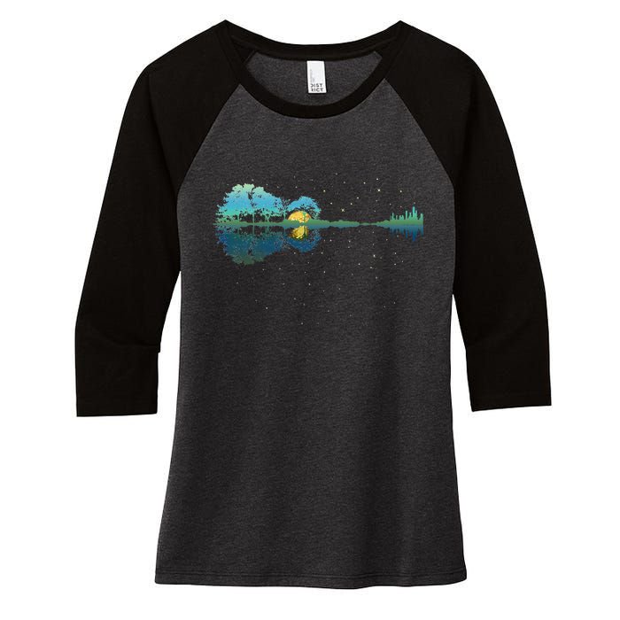 Guitar Lake Reflections Night Sky And Moon Guitar Women's Tri-Blend 3/4-Sleeve Raglan Shirt