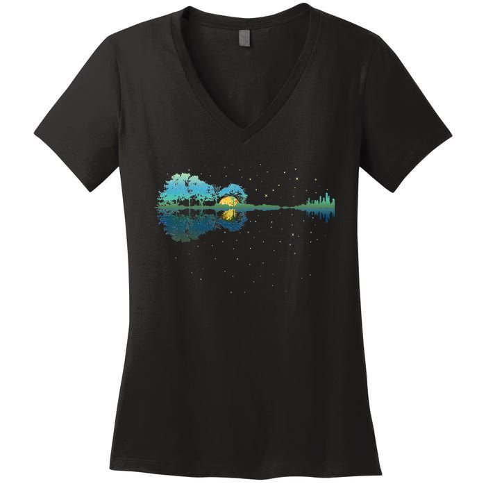 Guitar Lake Reflections Night Sky And Moon Guitar Women's V-Neck T-Shirt