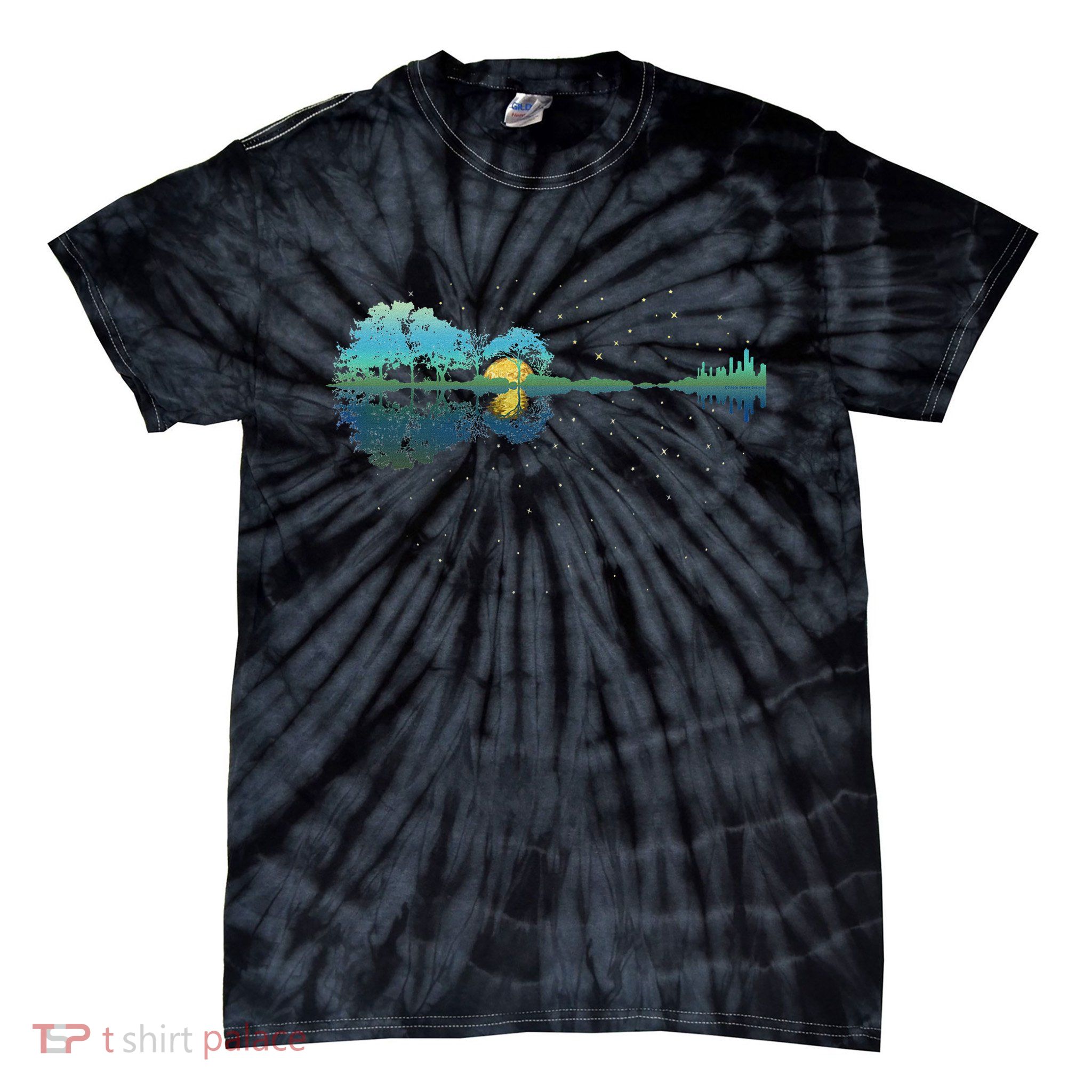 Guitar Lake Reflections Night Sky And Moon Guitar Tie-Dye T-Shirt
