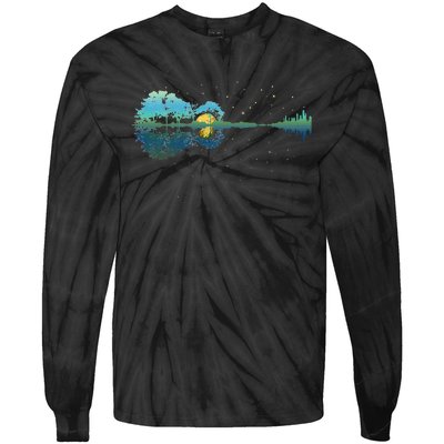 Guitar Lake Reflections Night Sky and Moon Guitar Tie-Dye Long Sleeve Shirt