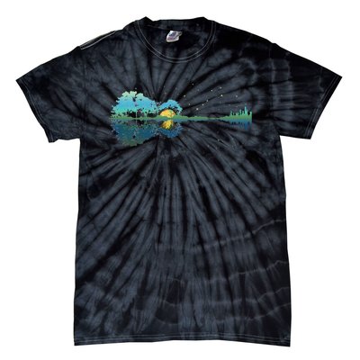 Guitar Lake Reflections Night Sky and Moon Guitar Tie-Dye T-Shirt