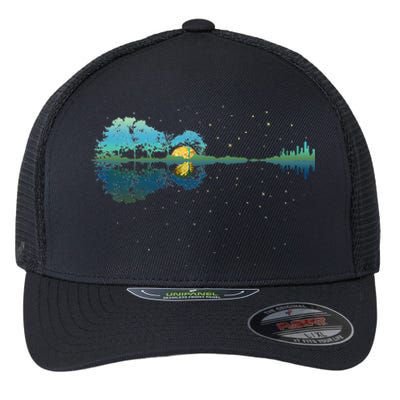 Guitar Lake Reflections Night Sky And Moon Guitar Flexfit Unipanel Trucker Cap