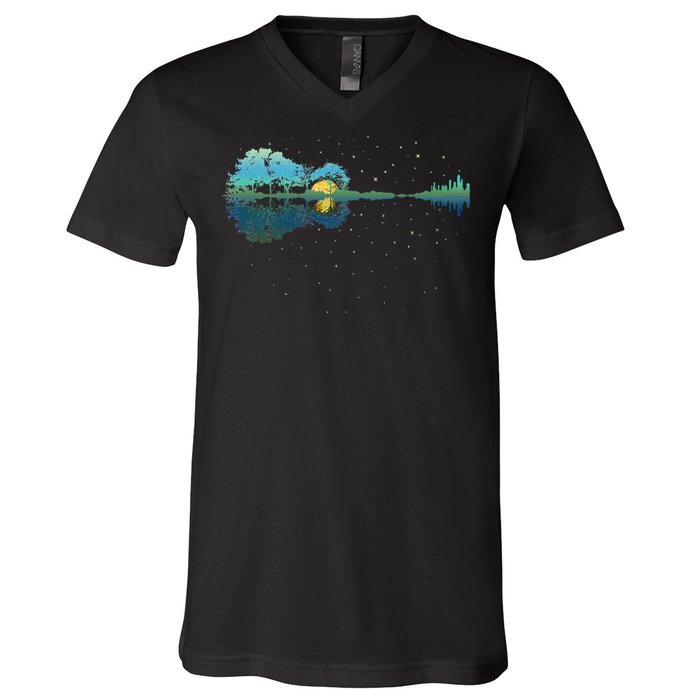 Guitar Lake Reflections Night Sky And Moon Guitar V-Neck T-Shirt