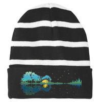 Guitar Lake Reflections Night Sky And Moon Guitar Striped Beanie with Solid Band