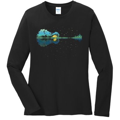 Guitar Lake Reflections Night Sky And Moon Guitar Ladies Long Sleeve Shirt