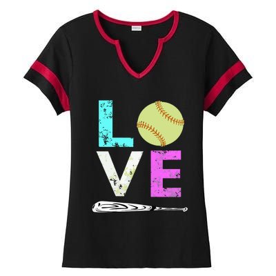 Girl Love Softball Best Fun Birthday Gift Ladies Halftime Notch Neck Tee