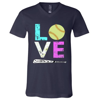 Girl Love Softball Best Fun Birthday Gift V-Neck T-Shirt