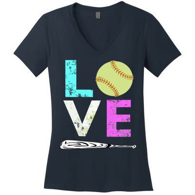 Girl Love Softball Best Fun Birthday Gift Women's V-Neck T-Shirt