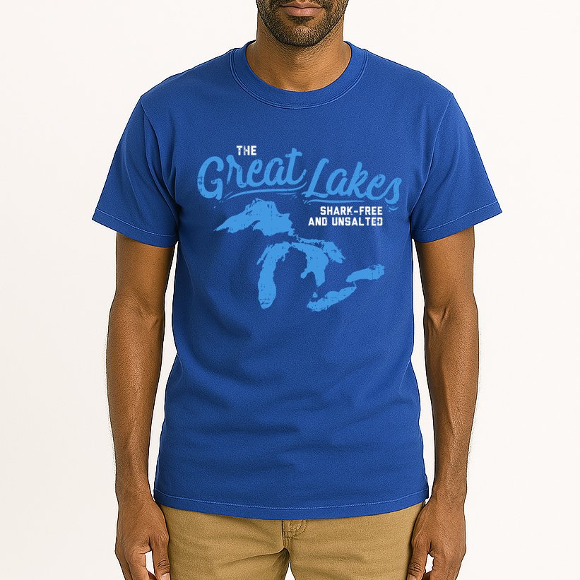 Great Lakes Shark Free And Unsalted Summer Vacation Lake Life Gift Tall T-Shirt