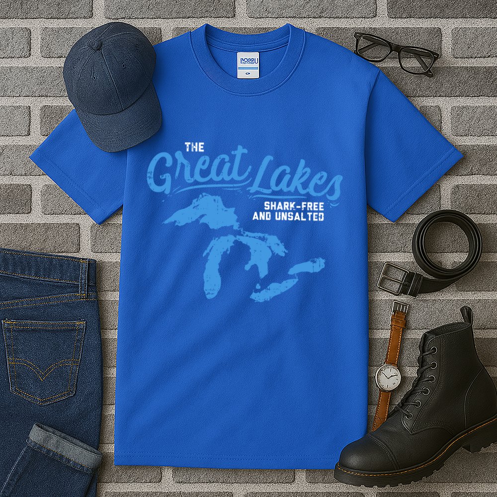 Great Lakes Shark Free And Unsalted Summer Vacation Lake Life Gift Tall T-Shirt