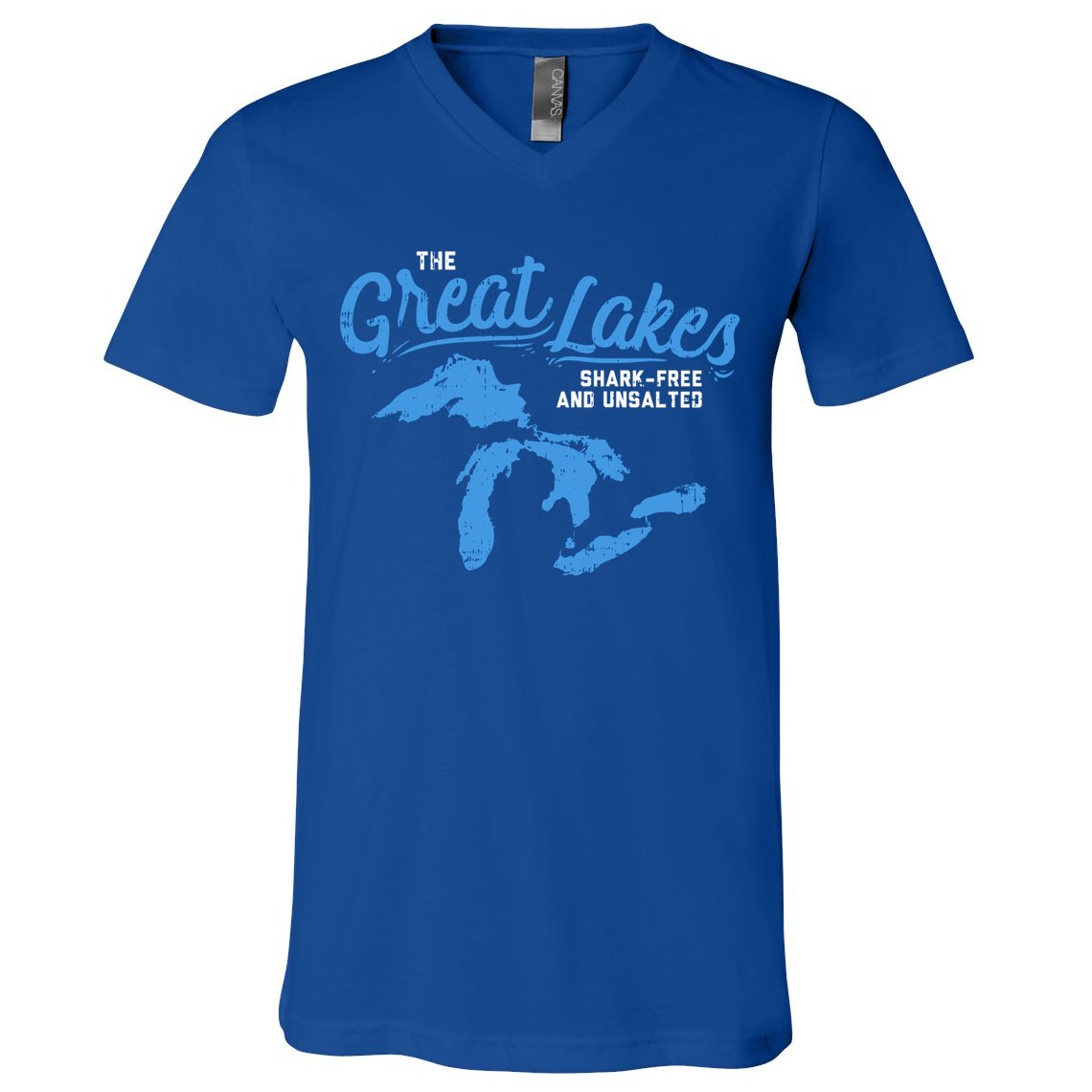 Great Lakes Shark Free And Unsalted Summer Vacation Lake Life Gift V-Neck T-Shirt
