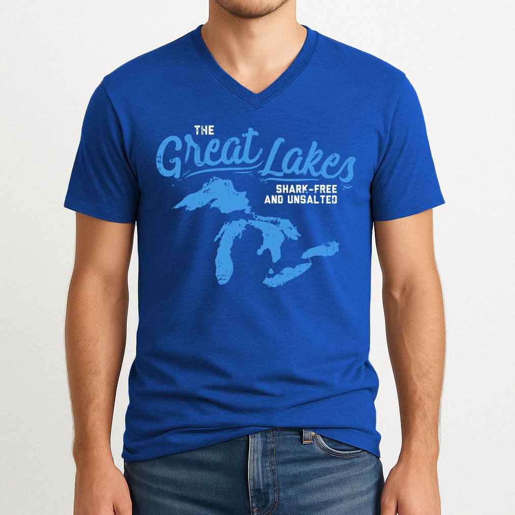 Great Lakes Shark Free And Unsalted Summer Vacation Lake Life Gift V-Neck T-Shirt