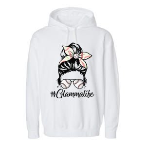 Glamma Life Softball Baseball Mother's Day Messy Bun Garment-Dyed Fleece Hoodie