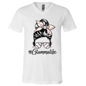 Glamma Life Softball Baseball Mother's Day Messy Bun V-Neck T-Shirt