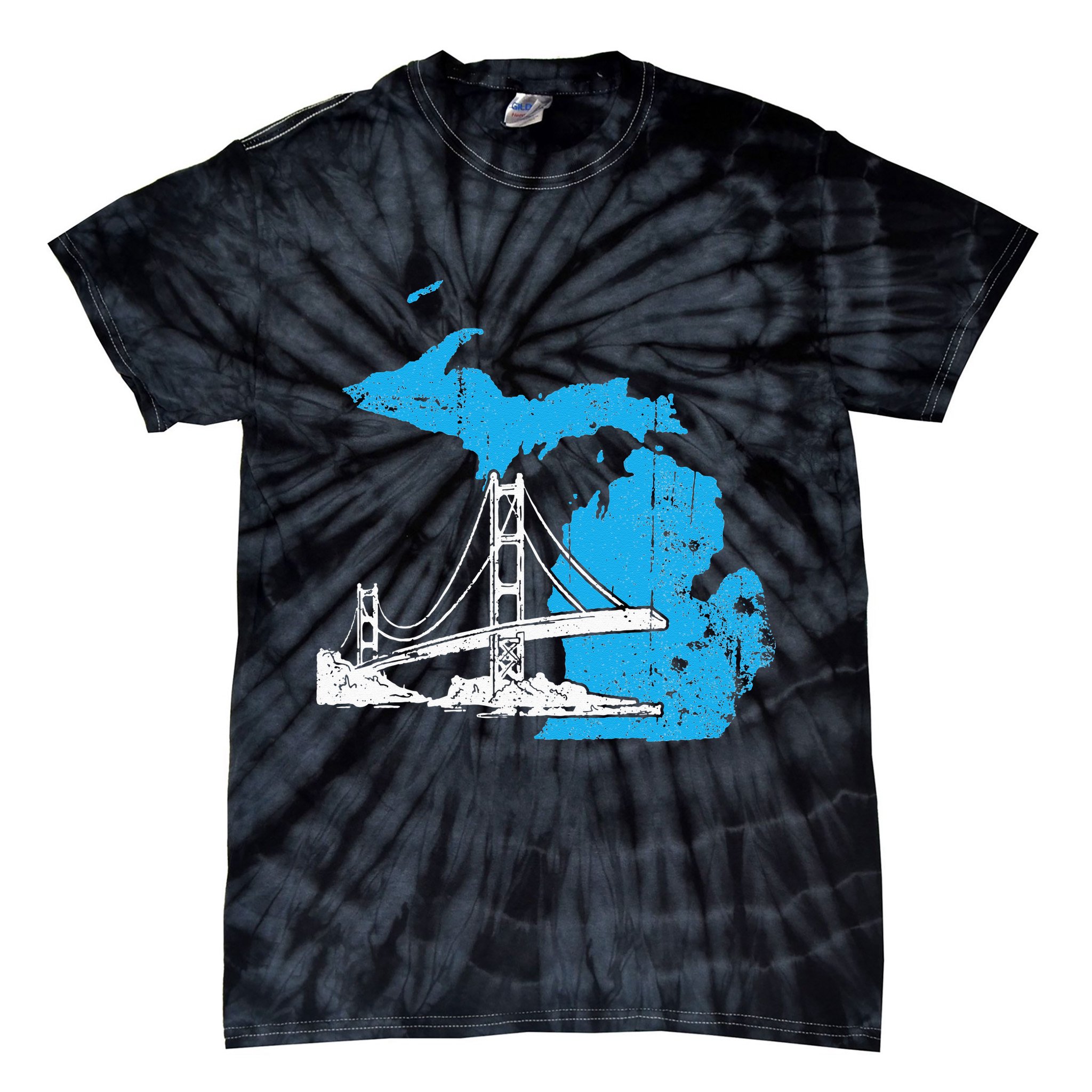 Great Lakes Shaped  Summer Michigan Mackinac Bridge Tie-Dye T-Shirt