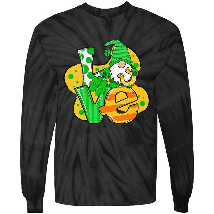 Gnome Love Shamrock Saint Patrick's Day Tie-Dye Long Sleeve Shirt