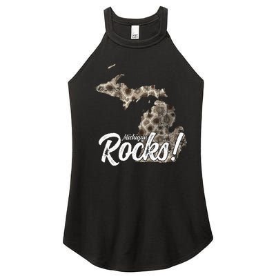 Great Lakes Shaped Men Women Petoskey Stone Michigan Rocks Women’s Perfect Tri Rocker Tank