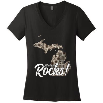 Great Lakes Shaped Men Women Petoskey Stone Michigan Rocks Women's V-Neck T-Shirt