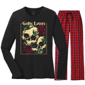 Gothic Lovers Skull And Rose Women's Long Sleeve Flannel Pajama Set 