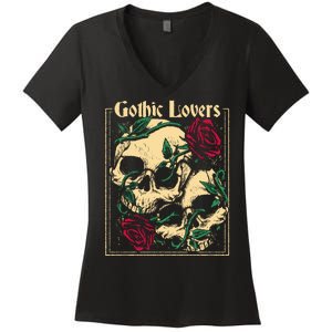 Gothic Lovers Skull And Rose Women's V-Neck T-Shirt