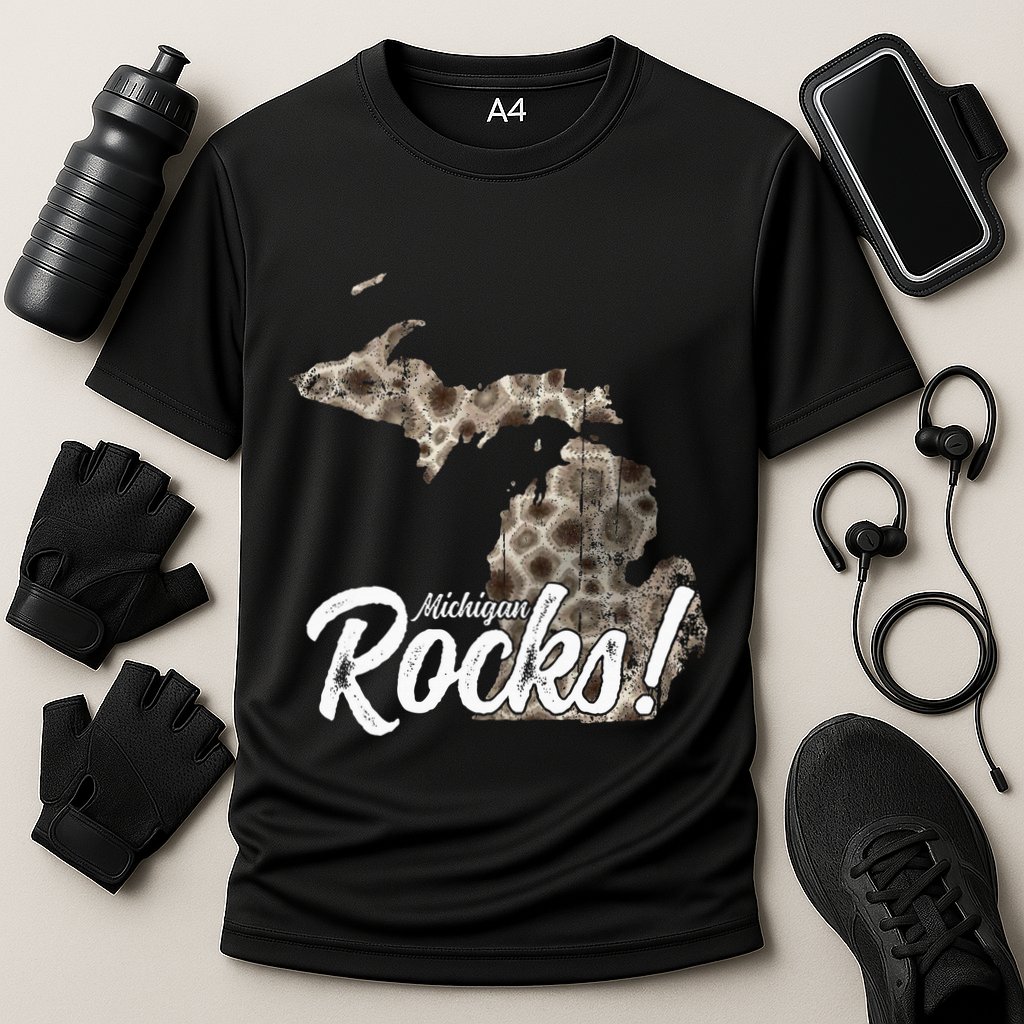 Great Lakes Shaped Wo Petoskey Stone Michigan Rocks Cooling Performance Crew T-Shirt