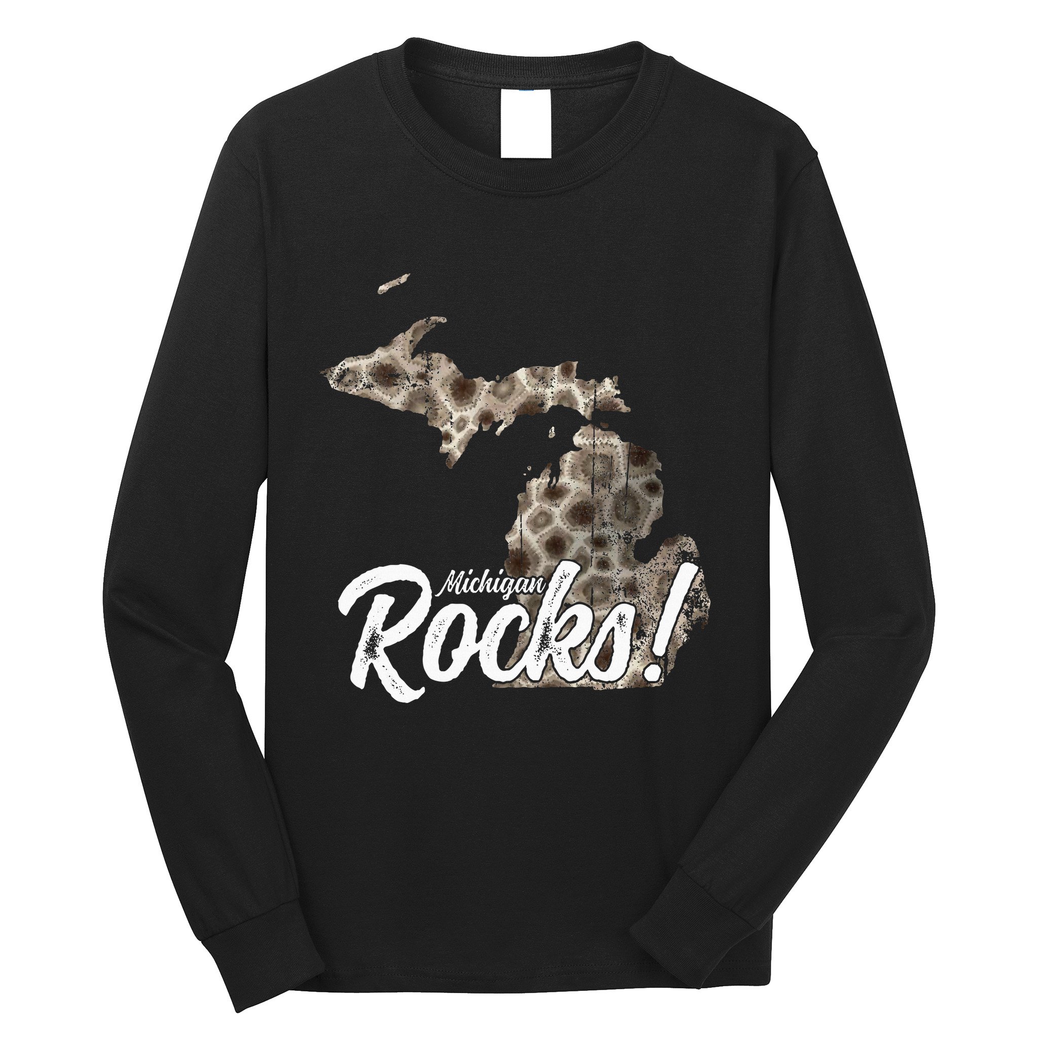 Great Lakes Shaped Wo Petoskey Stone Michigan Rocks Long Sleeve Shirt