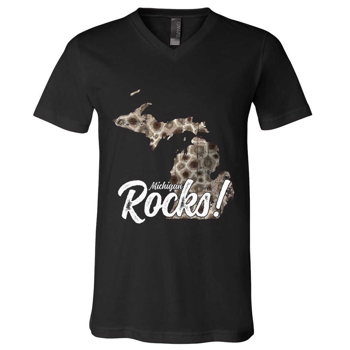 Great Lakes Shaped Wo Petoskey Stone Michigan Rocks V-Neck T-Shirt