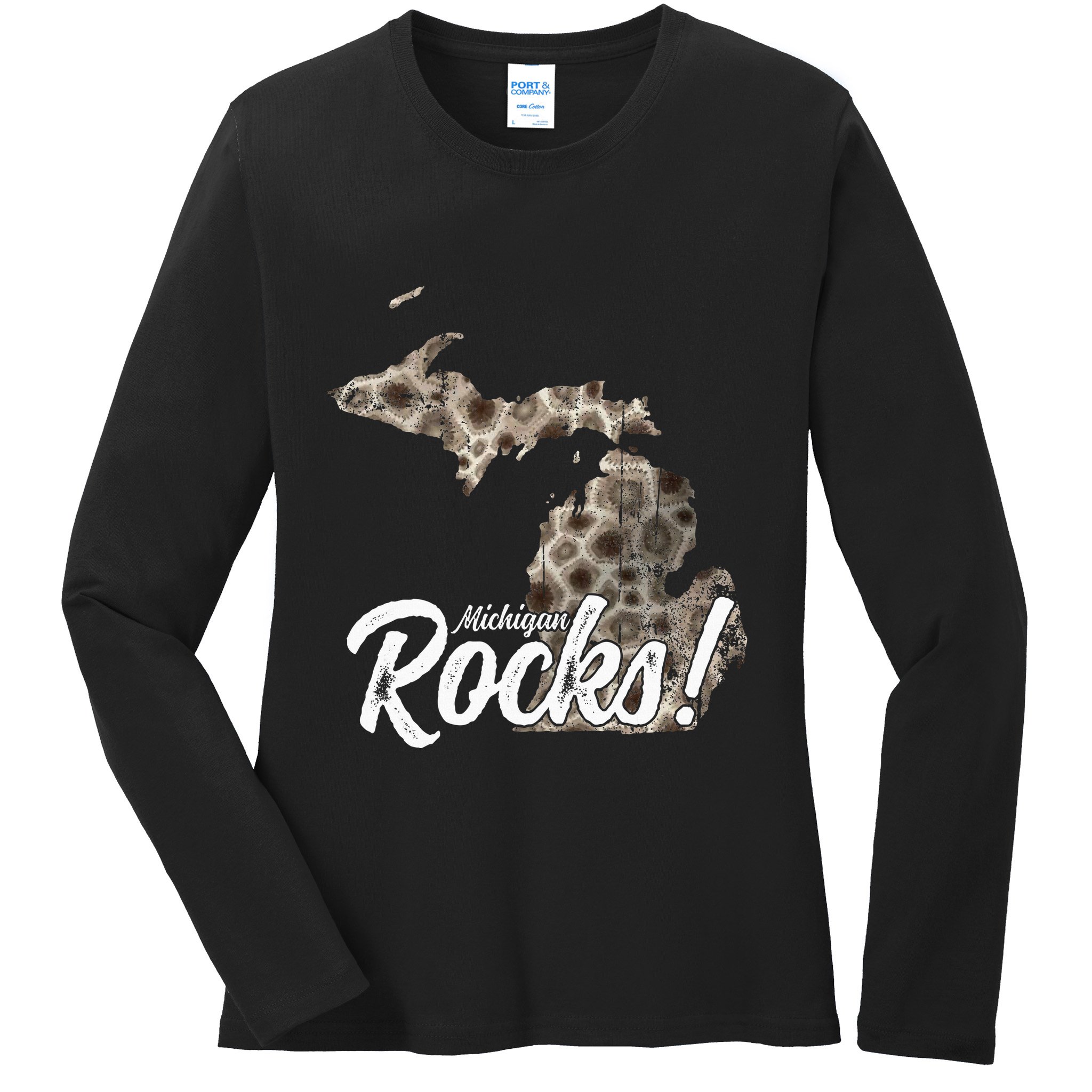 Great Lakes Shaped Wo Petoskey Stone Michigan Rocks Ladies Long Sleeve Shirt