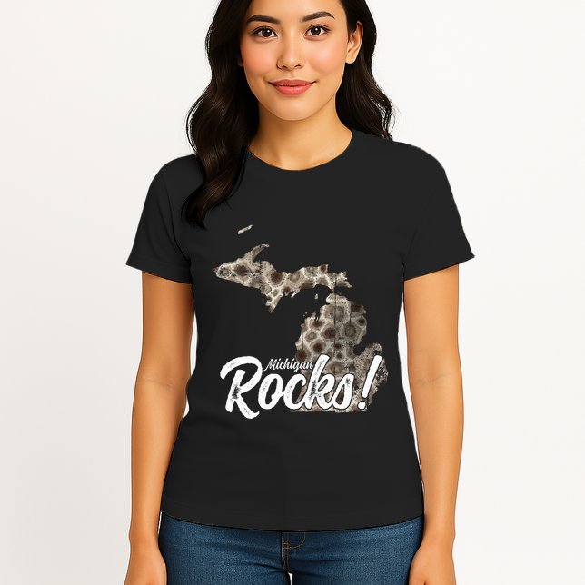 Great Lakes Shaped Wo Petoskey Stone Michigan Rocks Womens T-Shirt