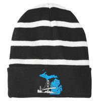 Great Lakes Shaped  Summer Michigan Mackinac Bridge Striped Beanie with Solid Band