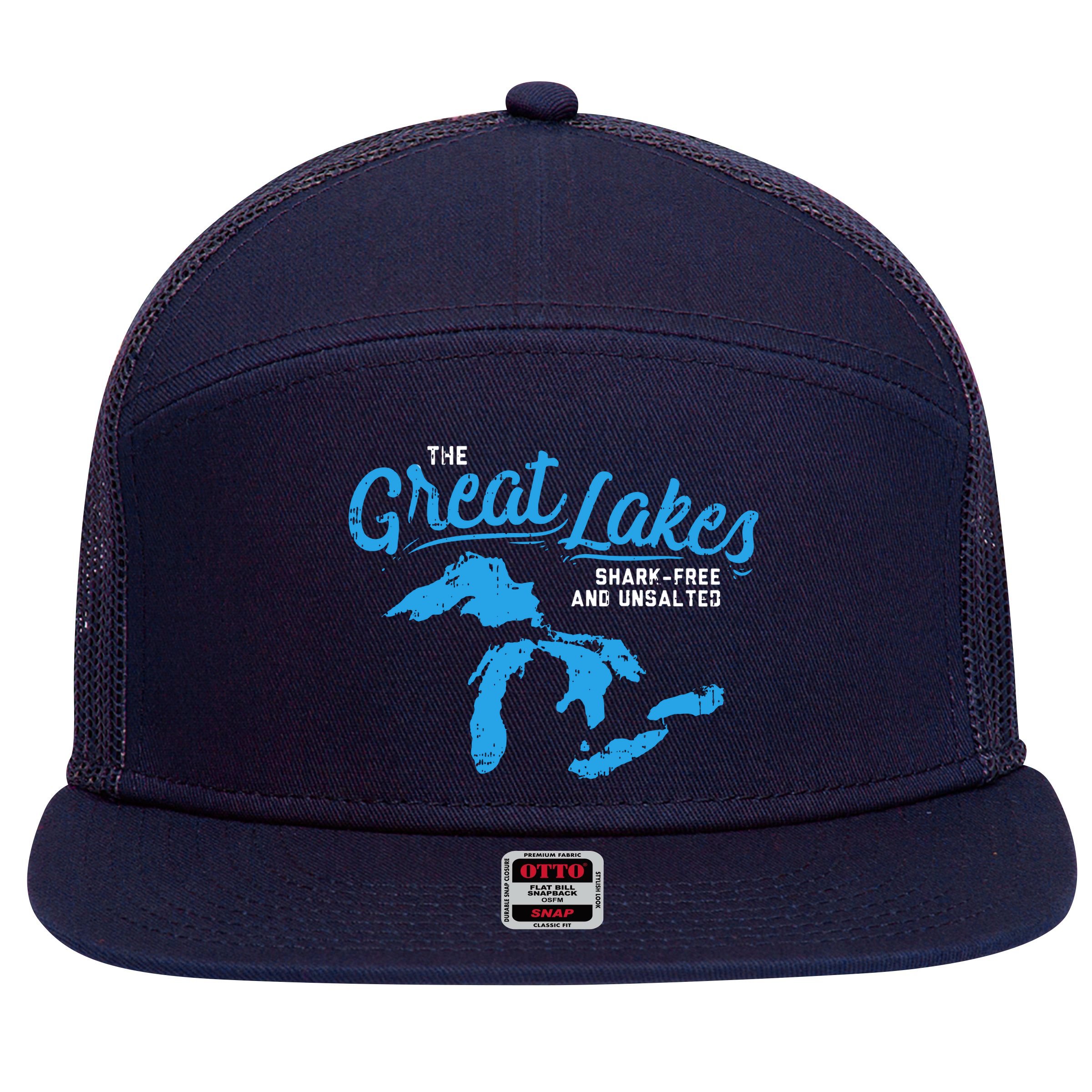 Great Lakes Shark Free And Unsalted Summer Vacation Lake 7 Panel Mesh Trucker Snapback Hat