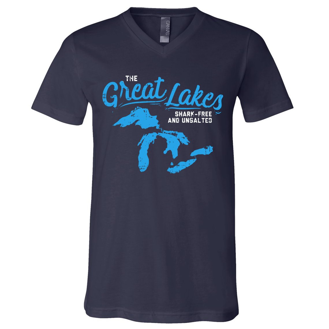 Great Lakes Shark Free And Unsalted Summer Vacation Lake V-Neck T-Shirt
