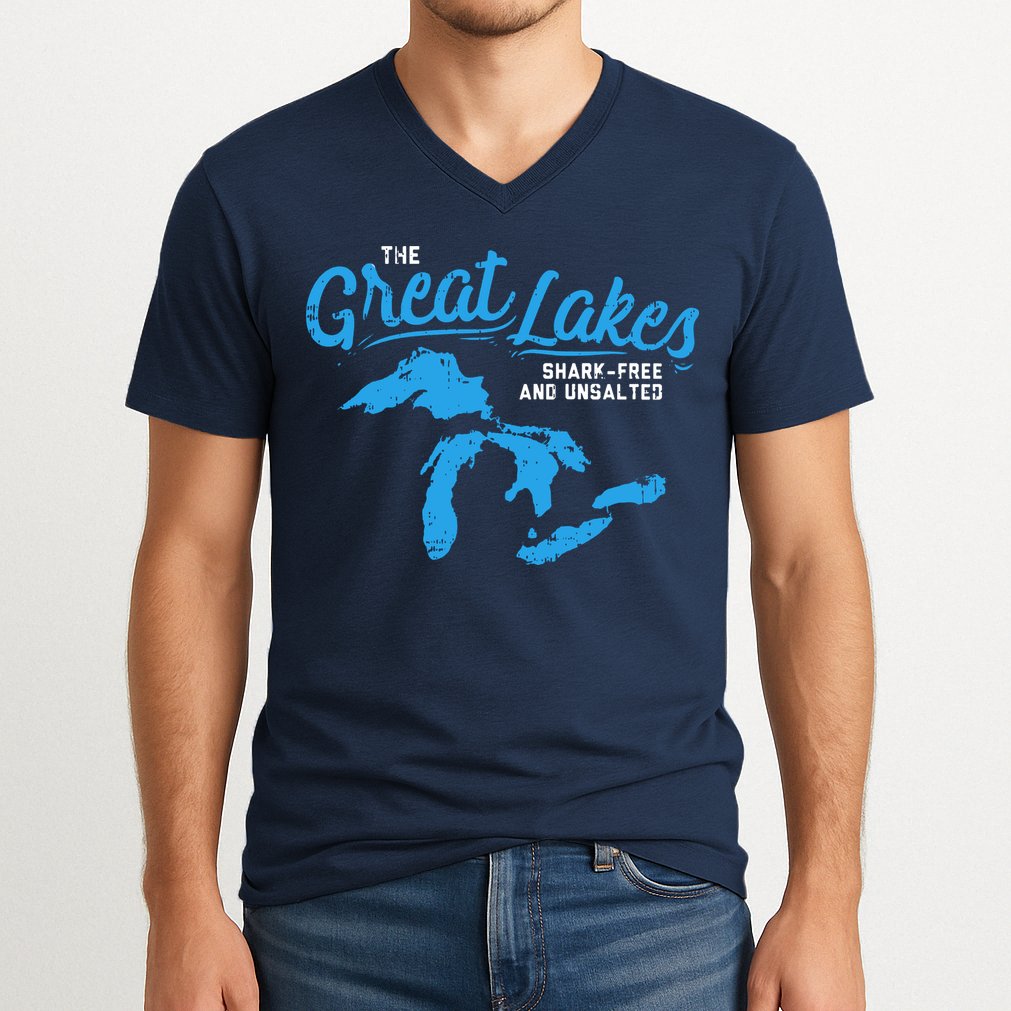 Great Lakes Shark Free And Unsalted Summer Vacation Lake V-Neck T-Shirt
