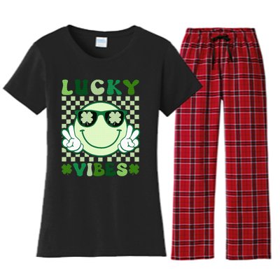 Groovy Lucky Vibes Shamrock St Patricks Day Women's Flannel Pajama Set