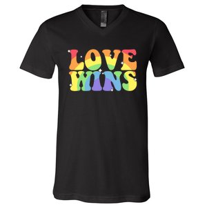 Groovy Love Wins Rainbow Pride Flag Colors LGBT Queer Ally V-Neck T-Shirt