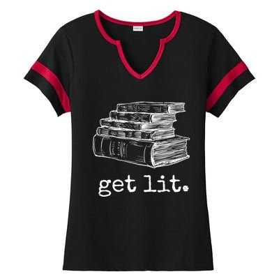 Get Lit With Books Funny Meme Gift For Book Lover, Reading TShirt Ladies Halftime Notch Neck Tee