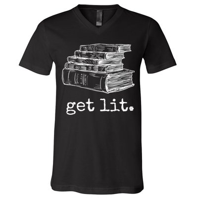 Get Lit With Books Funny Meme Gift For Book Lover, Reading TShirt V-Neck T-Shirt