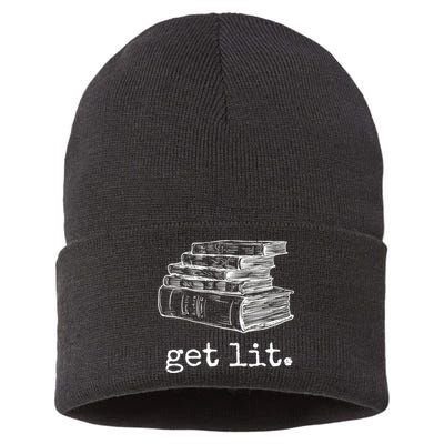 Get Lit With Books Funny Meme Gift For Book Lover, Reading TShirt Sustainable Knit Beanie